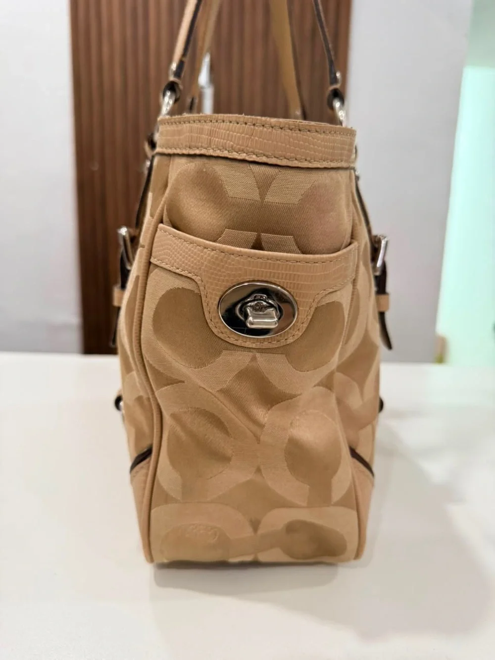 Coach Chelsea Y2K Canvas Leather OP Art Nuetral Tan Tote Shoulder Bag Purse
